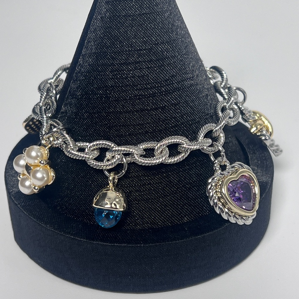 Silver Charm Bracelet with Blue, Pearl and Purple Accents - Picture 1 of 3